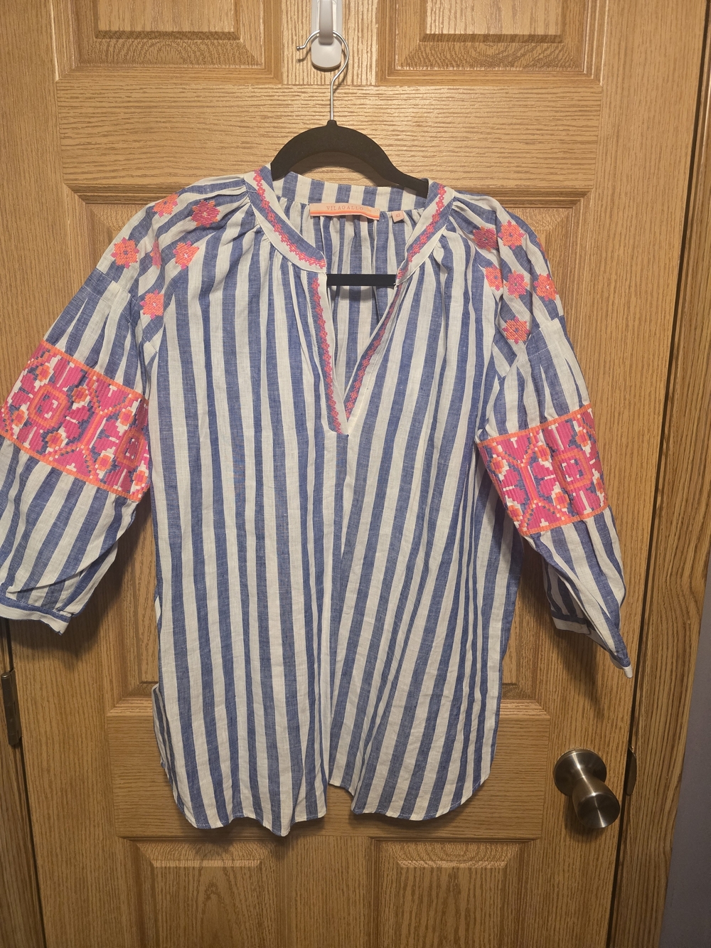 Vilagallo Blue and White Striped Blouse with Pink Embroidery Size 42